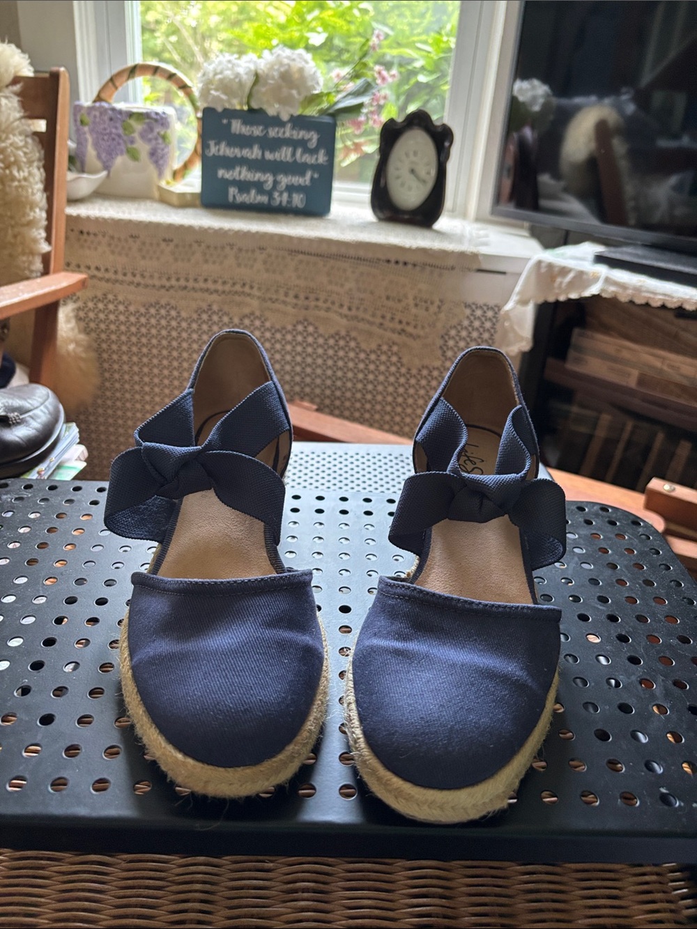 Life Stride Navy Espadrille Wedges with Bow Strap